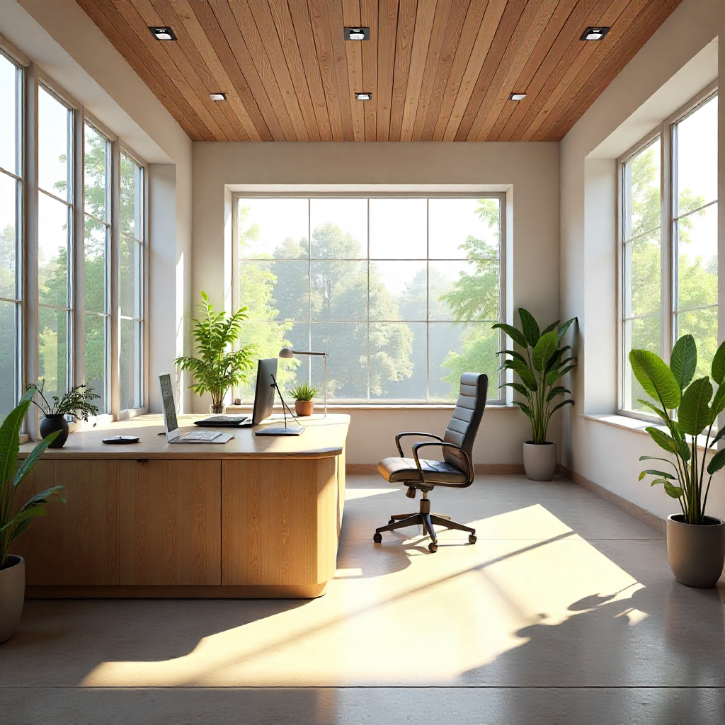 Modern kantoorinterieur met op maat gemaakte bureaus en kasten